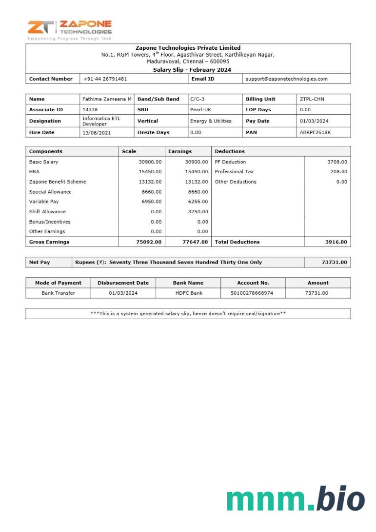 Szablon payslip Zapone Technologies w formatach Word i PDF